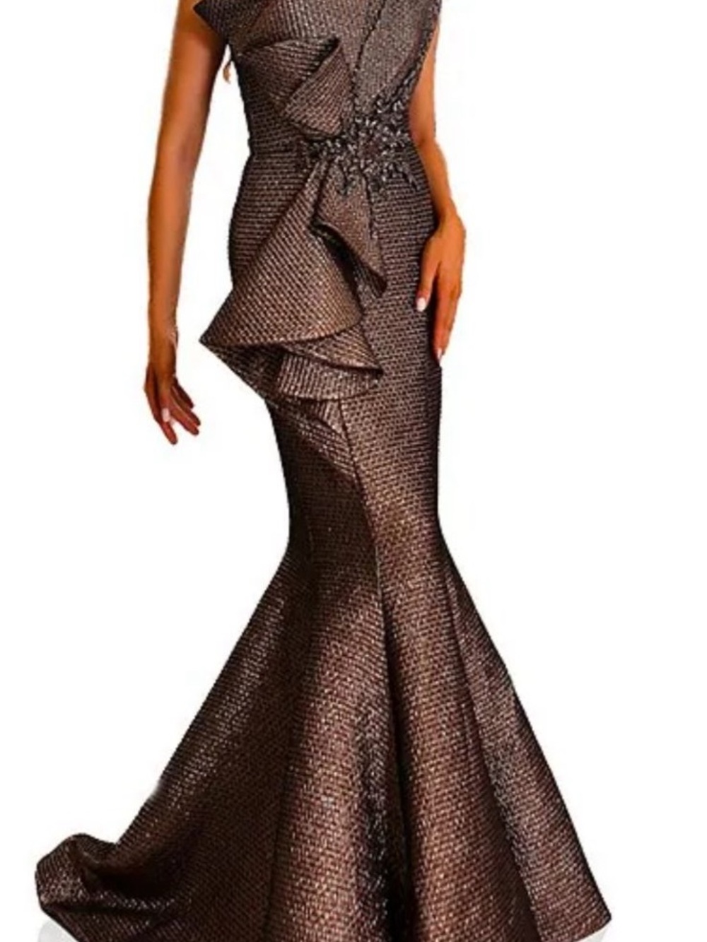 Terani Couture Metallic Brown Mermaid Gown with Ruffle Waist